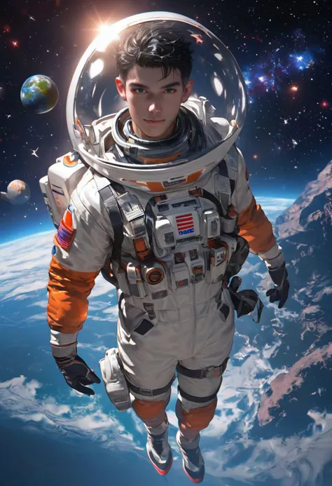 score_9, score_8_up, score_7_up, i want the whole image to be created in 3D anime style, black haired man, floating, looking at viewer, at space, rainbow, stars, planets, astronaut helmet