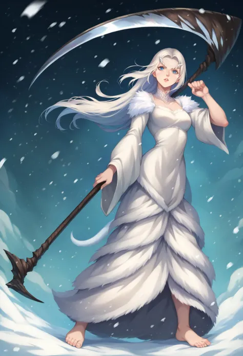 Score_9, score_8_up, score_7_up, score_6_up, score_5_up, score_4_up, 1girl, (attacking), (slit pupils:1.18), dress, (blue eyes:1.15), full body, short hair, long hair, tiny white horns on forehead, white fur on cheeks, white fur on forehead, white hair, white reptile scales on neck, scythe, feet, bare feet, snowstorm, wind, bright, attacking-with-scythe, <lora:CBP_pony_005_setR-000009:0.93>