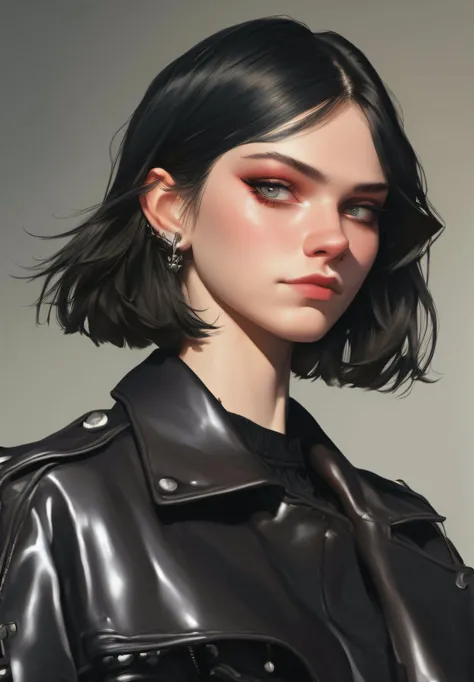 score_9,score_8_up ,1girl, Medium close up shot, pretty face, manic pixie, <lora:Manic_Pixie:1> black hair, leather jacket, <lora:kyuyong:0.6> kyuyongeom