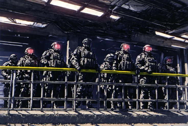 score_6, score_4_up, score_3, score_2_up, multiple boys, foreground, turned away, guarding, standing, railing, wall, formation, tactical, black mask, face shield, rounded, helmet, visor, reflective, straps, mesh, piecemeal armor, carbon fiber, kevlar, glowing lines, ammo, futuristic, dark background, interior, cyberpunk, (shirow masamune:1.3), (kishiro yukito:1.3), 2000s style, manga, scan,