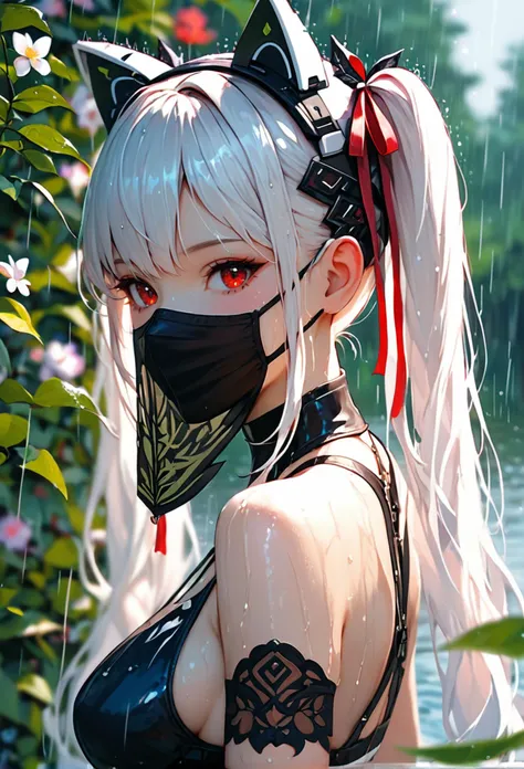 score_9, score_8_up, score_7_up, i want the whole image to be created in 3D anime style, 1girl, solo, long hair, breasts, looking at viewer, bangs, large breasts, hair ornament, red eyes, ribbon, animal ears, bare shoulders, twintails, medium breasts, very long hair, hair ribbon, upper body, flower, white hair, outdoors, hair flower, blurry, from side, wet, profile, mask, depth of field, blurry background, fake animal ears, headgear, leaf, rain, mouth mask, covered mouth, sideways glance, mechanical ears