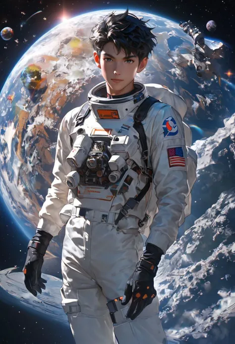 score_9, score_8_up, score_7_up, i want the whole image to be created in 3D anime style, male astronaut with black hair, floating, looking at viewer, at space, rainbow, stars, planets