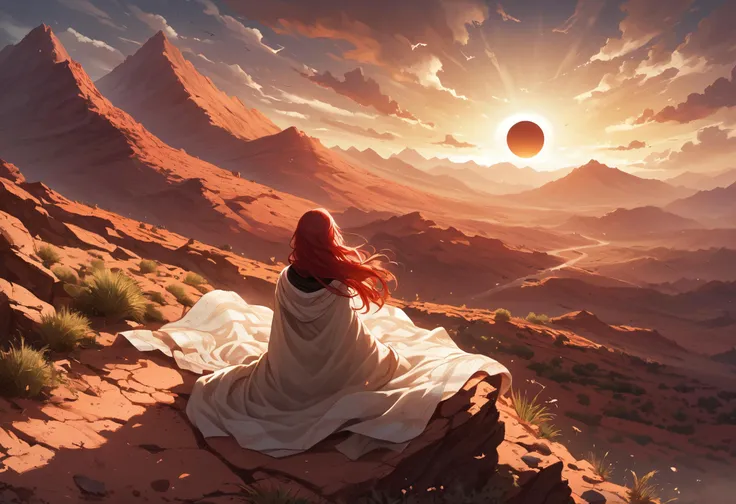 score_9, score_8_up, score_7_up, score_6_up, standing on a mountaintop overlooking landscape, scenery, landscape, 1girl, woman, long hair, red hair, sitting, from side, portrait, very long hair, head wrap, flowing in the wind, from behind, bird view, from above, desert, dunes, black sun, solar eclipse, shawl, (looking afar:1.1), red sand, dry, <lora:Pony_DetailV2.0:1.0>