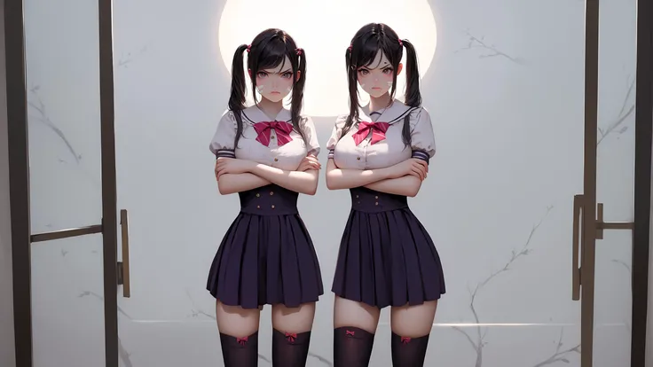 score_9, score_8_up, score_7_up, score_6_up, <lora:ROTTENWORLD_r1:0.8>, r0tt3n, 1girl, 1girl, kanade \(beast tamer\), beast tamer, twintails, thighhighs, Standing with arms crossed and a sly, raised eyebrow., Angry, tightened jaw, squinted eyes, and raised eyebrows., Minimalist Bathroom with White Marble and Contemporary Fixtures,, big breasts, slim body, (an extremely delicate and beautiful), kawaii, cute, small face, large breasts,, (HQ, masterpiece, best quality, ultra-detailed), cinematic lighting, Intricate, High Detail, Sharp focus, dramatic, masterpiece, best quality, ultra-detailed, detailed, detailed body, detailed face, good anatomy, perfect hands, perfect fingers, perfect face, perfect human body,,
