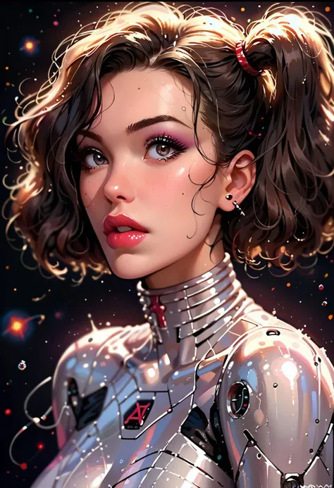score_9, score_8_up, score_7_up, score_6_up,retro futurism, , The image features a woman in a science fiction setting. She is wearing a metallic outfit with armor elements, and her hair is styled into twin tails. In the background, there's an explosion and a backdrop of stars, giving the impression of being in space. The overall composition suggests that she might be a character from a or game.