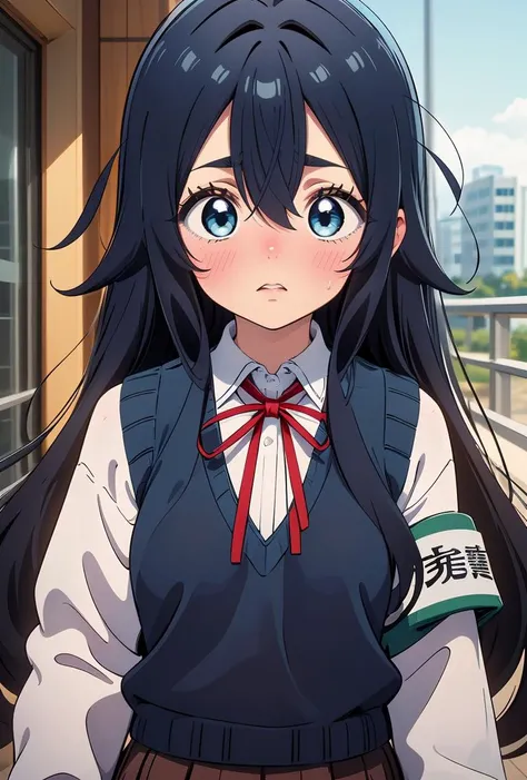 (masterpiece, best quality), 1girl, <lora:shizuka_scarxzys:0.8> shizuka, blue eyes, black hair, long hair, very long hair, hair between eyes, messy hair, school uniform, sweater vest, white shirt, long sleeves, armband, neck ribbon, red ribbon, skirt, white socks, loafers, brown footwear