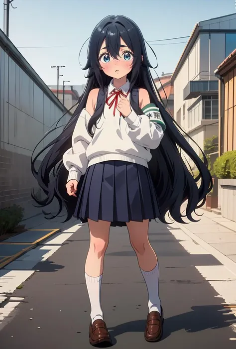 (masterpiece, best quality), 1girl, <lora:shizuka_scarxzys:0.8> shizuka, blue eyes, black hair, long hair, very long hair, hair between eyes, messy hair, school uniform, sweater vest, white shirt, long sleeves, armband, neck ribbon, red ribbon, skirt, white socks, loafers, brown footwear