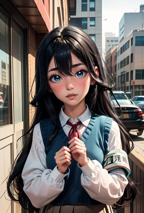 (masterpiece, best quality), 1girl, <lora:shizuka_scarxzys:0.8> shizuka, blue eyes, black hair, long hair, very long hair, hair between eyes, messy hair, school uniform, sweater vest, white shirt, long sleeves, armband, neck ribbon, red ribbon, skirt, white socks, loafers, brown footwear