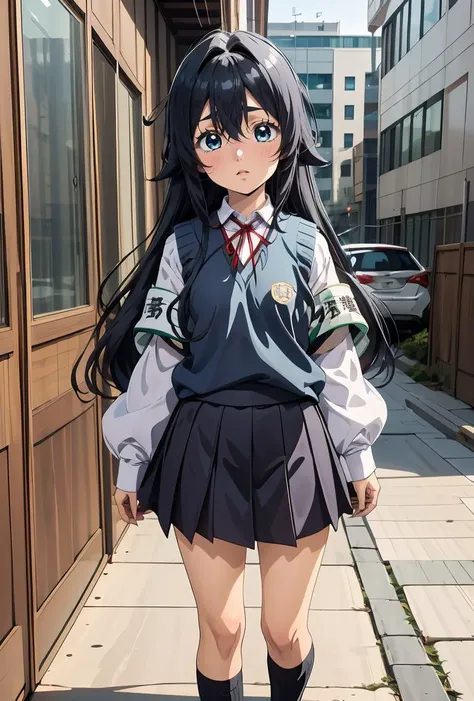 (masterpiece, best quality), 1girl, <lora:shizuka_scarxzys:0.8> shizuka, blue eyes, black hair, long hair, very long hair, hair between eyes, messy hair, school uniform, sweater vest, white shirt, long sleeves, armband, neck ribbon, red ribbon, skirt, white socks, loafers, brown footwear