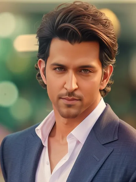 hires photo of hrro man, professional photograph, looking straight at viewer, realistic skin tones,formal suit, background bokeh, film grain <lora:HRRO_Hrithik_Roshan_SD15_LoRA:1>