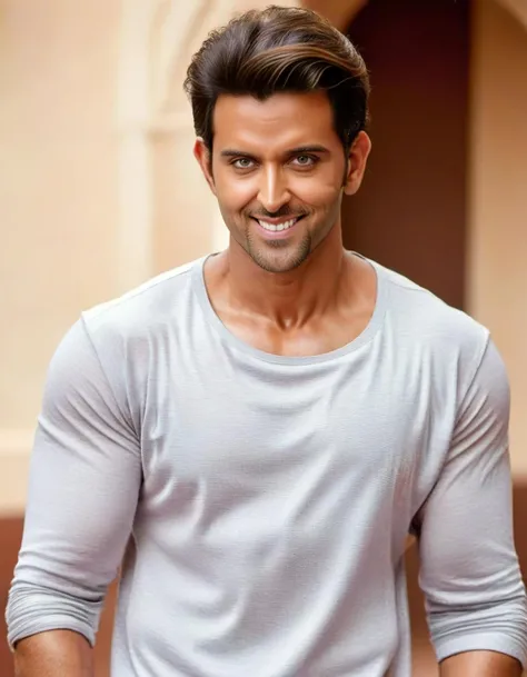hires photo of hrithik roshan man, professional photograph, looking at viewer, realistic skin tones, smiling, background bokeh, film grain <lora:Hrithik_Roshan_SDXL_LoRA_v20:1>