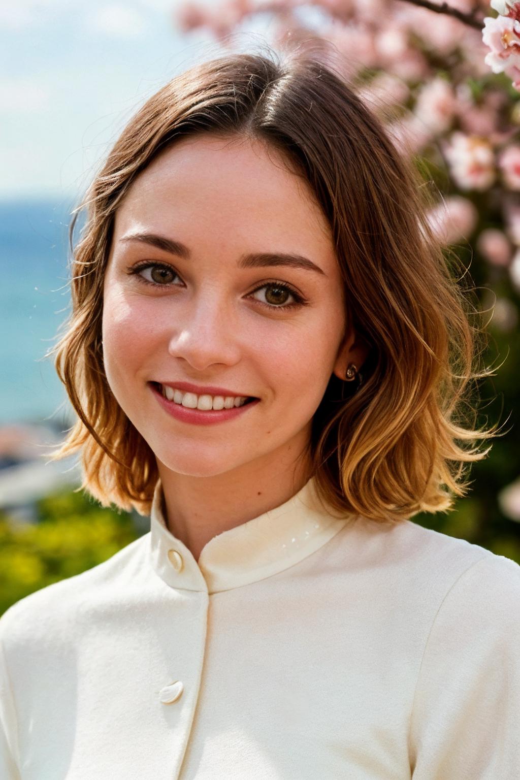 A close up of a woman with a white shirt and a tree - SeaArt AI