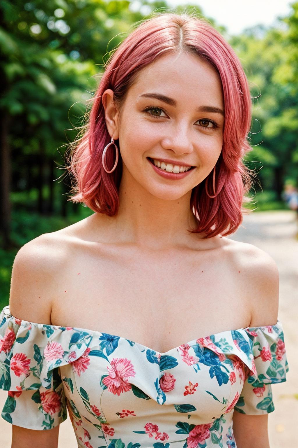 A woman with red hair and a floral dress smiling - SeaArt AI