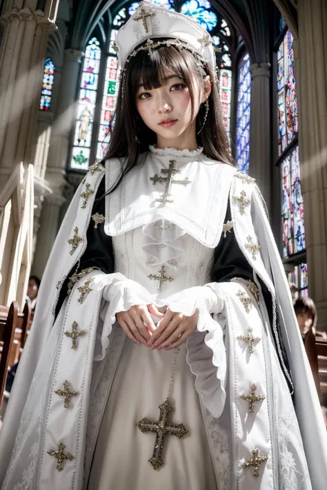 (realistic:1.3), finely detailed, quality, rembrandt lighting, (masterpiece:1.2), (photorealistic:1.2), (best quality), (detailed skin:1.3), (intricate details), dramatic, ray tracing, 1girl, japanese girl, 21 years old, detailed skin texture, (blush:0.5), (goosebumps:0.5), subsurface scattering, smiling, medium breasts, short hair curls, bangs, hair between eyes, garb_g1, elaborate (white brocade A Line gown and robe), crystals, charms, rhinestone crosses, embroidery, white bib, full neckline, white full length skirt, frills, headdress, cowboy shot, hands on hips, (bright sunny day, indoors, gothic style chapel, sainte chapelle, stained glass windows), <lora:garb_g1-06a:0.6>