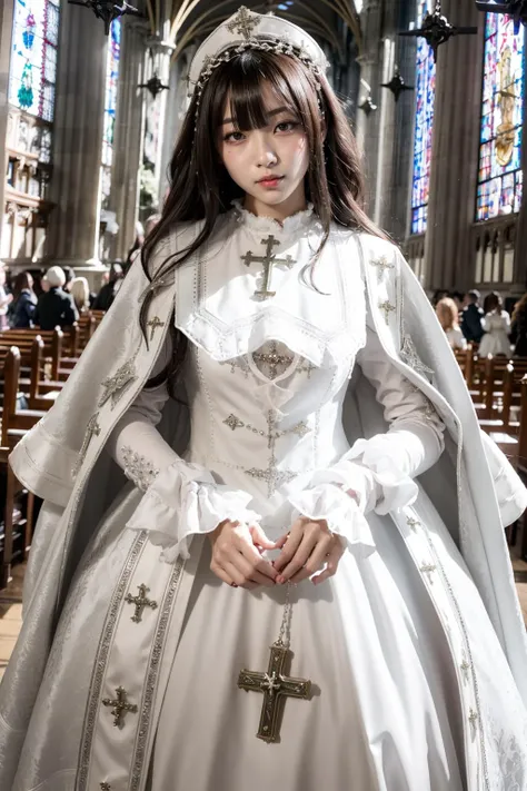 (realistic:1.3), finely detailed, quality, rembrandt lighting, (masterpiece:1.2), (photorealistic:1.2), (best quality), (detailed skin:1.3), (intricate details), dramatic, ray tracing, 1girl, japanese girl, 21 years old, detailed skin texture, (blush:0.5), (goosebumps:0.5), subsurface scattering, smiling, medium breasts, short hair curls, bangs, hair between eyes, garb_g1, elaborate (white brocade A Line gown and robe), crystals, charms, rhinestone crosses, embroidery, white bib, full neckline, cleavage, white full length skirt, frills, headdress, cowboy shot, hands on hips, (bright sunny day, indoors, gothic style chapel, sainte chapelle, stained glass windows), <lora:garb_g1-06a:0.6>