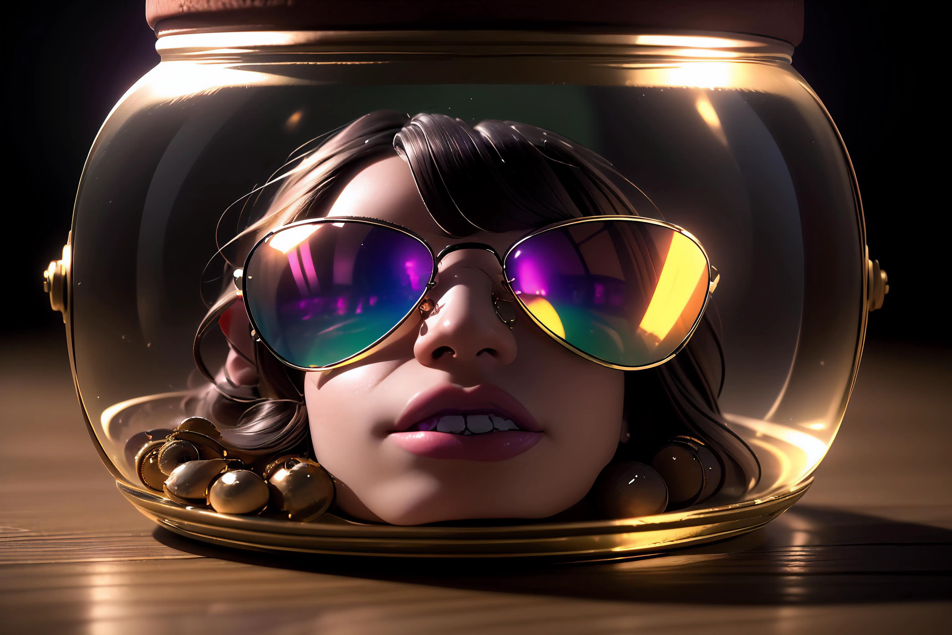 3d fluffy neonpunk style cinematic photo maximum fidelity, best perspective, (miniature shrunken full-body punk rebel curled up, (aviators eye macro)), mask, <lora:AdvancedEnhancer:0.8> BREAK film, analog film, hard light, soft light, dramatic lighting, neon lights, agfa ultra, classic chrome, ektachrome, eterna, dim light, golden hour, color grading, bokeh, RAW <lora:breastsizeslideroffset:-0.1> <lora:modelMixTestVersion_modelmixtest:0.8> <lora:girl_with_mask_lora013:0.6> <lora:age_slider_v6:0.6> <lora:age_slider_v2:-1.2> <lora:Loraeyes_V1:0.25> loraeyes <lora:Girls in Glass Jars v3:0.8> <lora:epi_noiseoffset2:0.8> <lora:Prop_Sunglasses_v1:0.7> Glasses, Sunglasses, Aviators <lora:detail_slider_v4:2.5> gamer girl bath water subsurface scattering, luminescent translucent, exposure compensation, iso 3200, f/3.8, long exposure, optical photography, <lora:GlassDevice:0.8> glassdevice style, close up, camera, machine, light inside, glass sphere, metal object, light bulb, electronic device, dark room, computer inside . 35mm photograph, film, bokeh, professional, 4k, highly detailed . cyberpunk, vaporwave, neon, vibes, vibrant, stunningly beautiful, crisp, detailed, sleek, ultramodern, magenta highlights, dark purple shadows, high contrast, cinematic, ultra detailed, intricate, professional, closeup cute and adorable, cute big circular reflective eyes, long fuzzy fur, Pixar render, unreal engine cinematic smooth, intricate detail, cinematic
