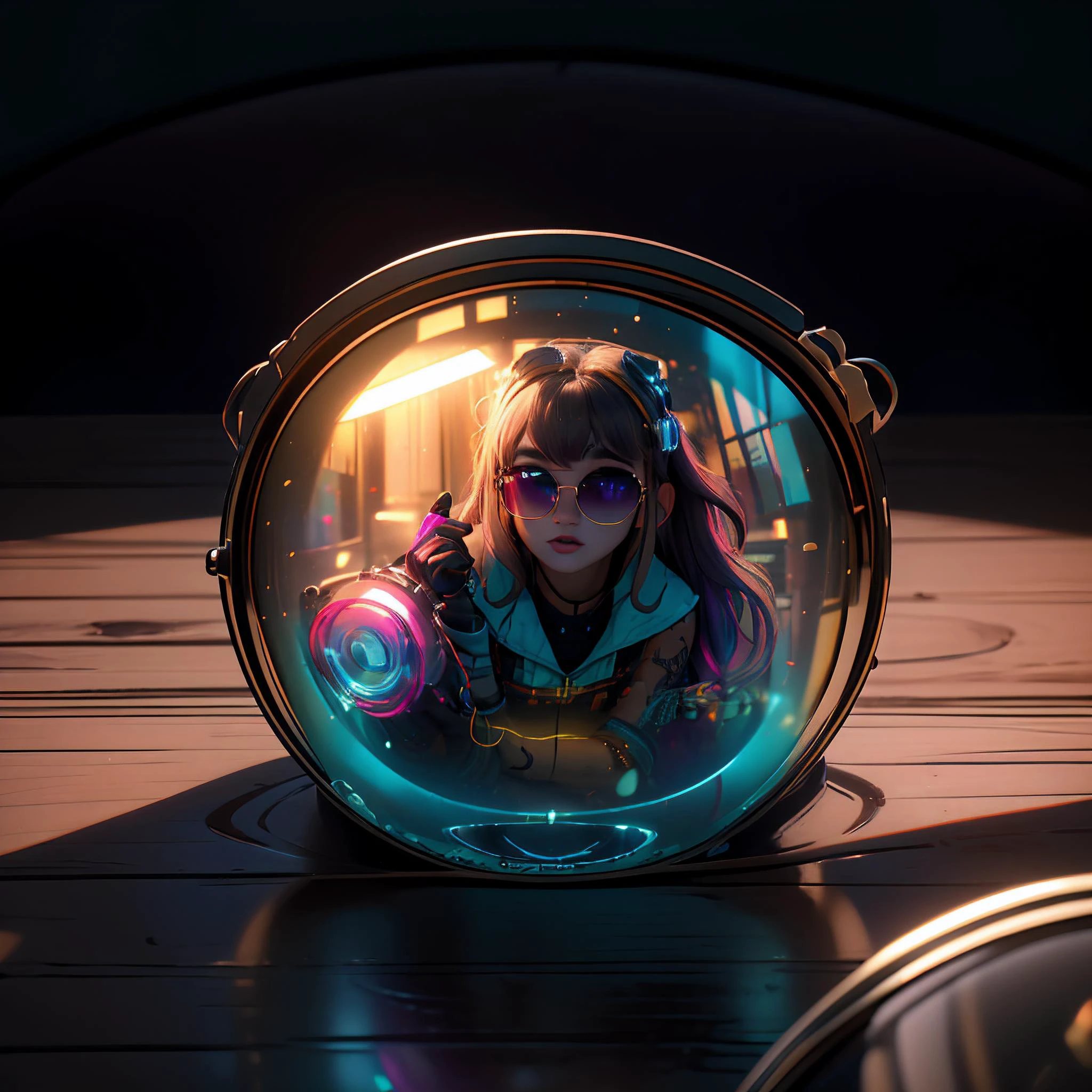 3d fluffy neonpunk style cinematic photo maximum fidelity, best perspective, (miniature shrunken full-body punk woman curled up, (aviators eye macro)), mask, <lora:AdvancedEnhancer:0.8> BREAK film, analog film, hard light, soft light, dramatic lighting, neon lights, agfa ultra, classic chrome, ektachrome, eterna, dim light, golden hour, color grading, bokeh, RAW <lora:breastsizeslideroffset:-0.1> <lora:modelMixTestVersion_modelmixtest:0.8> <lora:girl_with_mask_lora013:0.6> <lora:age_slider_v6:0.6> <lora:age_slider_v2:-1.2> <lora:Loraeyes_V1:1.25> loraeyes <lora:Girls in Glass Jars v3:0.6> <lora:epi_noiseoffset2:0.8> <lora:Prop_Sunglasses_v1:0.7> Glasses, Sunglasses, Aviators <lora:detail_slider_v4:2.5> gamer girl bath water subsurface scattering, luminescent translucent, exposure compensation, iso 3200, f/3.8, long exposure, optical photography, <lora:GlassDevice:0.8> glassdevice style, close up, camera, machine, light inside, glass sphere, metal object, light bulb, electronic device, dark room, computer inside . 35mm photograph, film, bokeh, professional, 4k, highly detailed . cyberpunk, vaporwave, neon, vibes, vibrant, stunningly beautiful, crisp, detailed, sleek, ultramodern, magenta highlights, dark purple shadows, high contrast, cinematic, ultra detailed, intricate, professional, closeup cute and adorable, cute big circular reflective eyes, long fuzzy fur, Pixar render, unreal engine cinematic smooth, intricate detail, cinematic