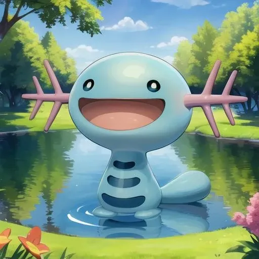 1other, happy, wooper, pokemon \(creature\), no humans, shiny pokemon, :d, ^o^, <lora:wooperV1:1>, smile, water, swamp, lake,tree, black eyes, open mouth, tail,, (masterpiece),(best quality),extreamly delicate and beautiful,illustration,