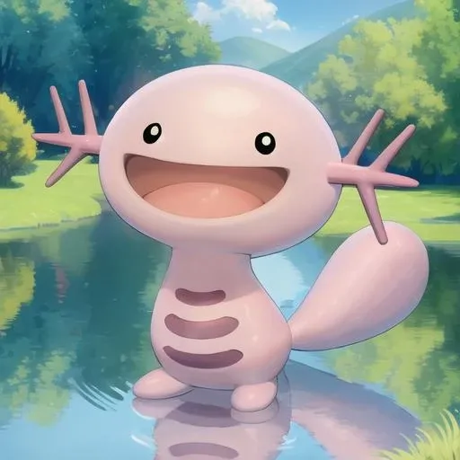 1other, happy, wooper, pokemon \(creature\), no humans, shiny pokemon, :d, ^o^, <lora:wooperV1:1>, smile, water, swamp, lake,tree, black eyes, open mouth, tail,, (masterpiece),(best quality),extreamly delicate and beautiful,illustration,