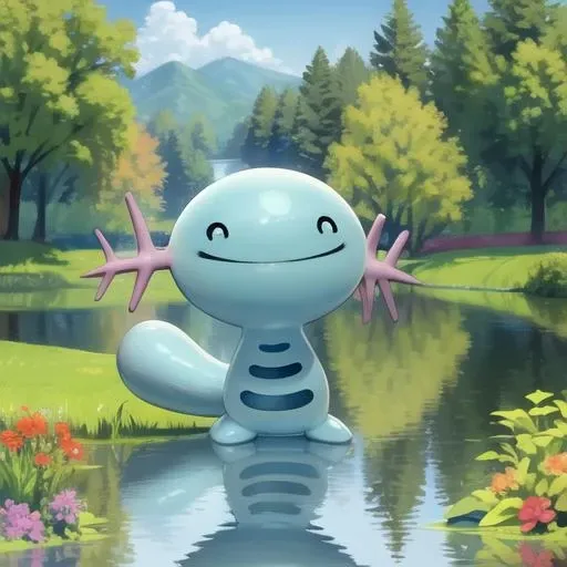 1other,  happy, wooper, pokemon \(creature\), no humans, shiny pokemon, :d, ^o^,  <lora:wooperV1:1>, smile,  water, swamp, lake,tree, black eyes, open mouth, tail,, (masterpiece),(best quality),extreamly delicate and beautiful,illustration,