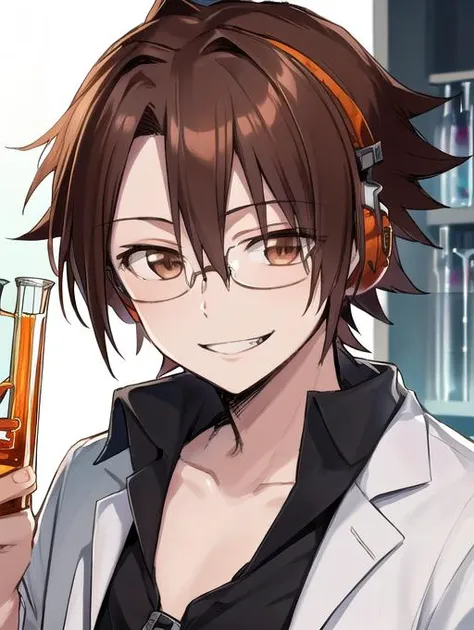 best quality, masterpiece, highres, detailed, <lora:Detail - add_detail:0.2>,  <lyco:Change - MadScientist:0.8>, MadScientistCh, lab coat, glasses, evil smile, 1man,  <lora:Character - AsakuraYoh:0.6>, brown hair, orange headphones, brown eyes, short hair, spiked hair, lab, test tubes, crazy,