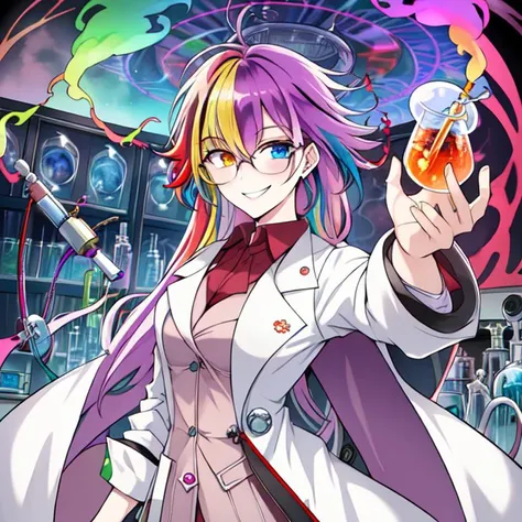 best quality, masterpiece, highres, detailed, heterochromia, multicolored hair, MadScientistCh, lab coat, glasses, evil smile, 1girl, gases, fumes, <lora:MadScientistCh:0.8>, lab, labcoat, laboratory, beaker, lab devices,