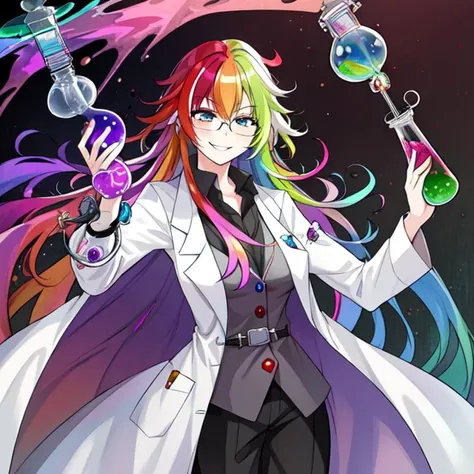 best quality, masterpiece, highres, detailed, heterochromia, multicolored hair, MadScientistCh, lab coat, glasses, evil smile, 1girl, gases, fumes, <lora:MadScientistCh:0.8>, lab, labcoat, laboratory, beaker, lab devices,