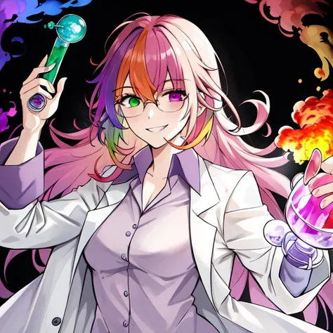 best quality, masterpiece, highres, detailed, heterochromia, multicolored hair, MadScientistCh, lab coat, glasses, evil smile, 1girl, gases, fumes, <lora:MadScientistCh:0.8>, lab, labcoat, laboratory, beaker, lab devices,