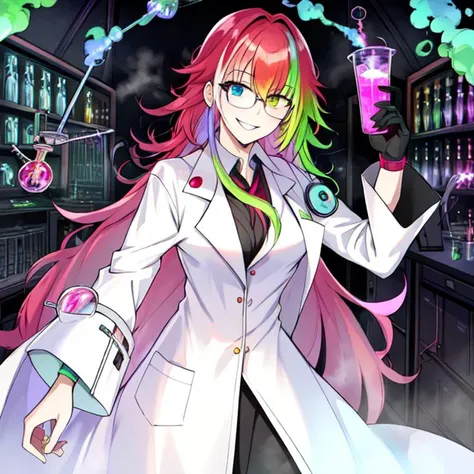 best quality, masterpiece, highres, detailed, heterochromia, multicolored hair, MadScientistCh, lab coat, glasses, evil smile, 1girl, gases, fumes, <lora:MadScientistCh:0.8>, lab, labcoat, laboratory, beaker, lab devices,