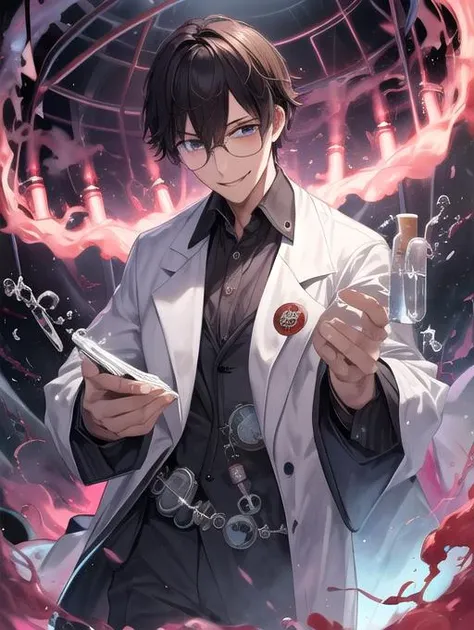 best quality, masterpiece, highres, detailed, <lora:Detail - add_detail:0.2>, <lyco:Change - MadScientist:0.8>, MadScientistCh, lab coat, glasses, evil smile, 1boy, gases, fumes,
