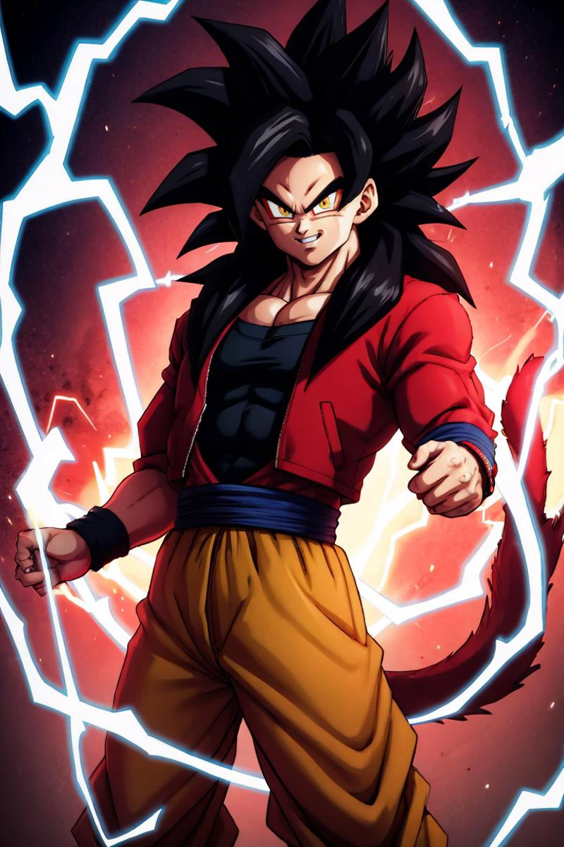 (I know this isn't accurate but I need a SFW cover image:0.0),
(red jacket:1), ((masterpiece,best quality)), absurdres, energy, aura, electricity, <lora:Super_Saiyan_4_Goku_Anime:0.5>, Super_Saiyan_4_Goku, 1boy, male focus, super saiyan, tail, wristband, pants, red fur, black hair, solo, smiling, looking at viewer, cowboy shot,