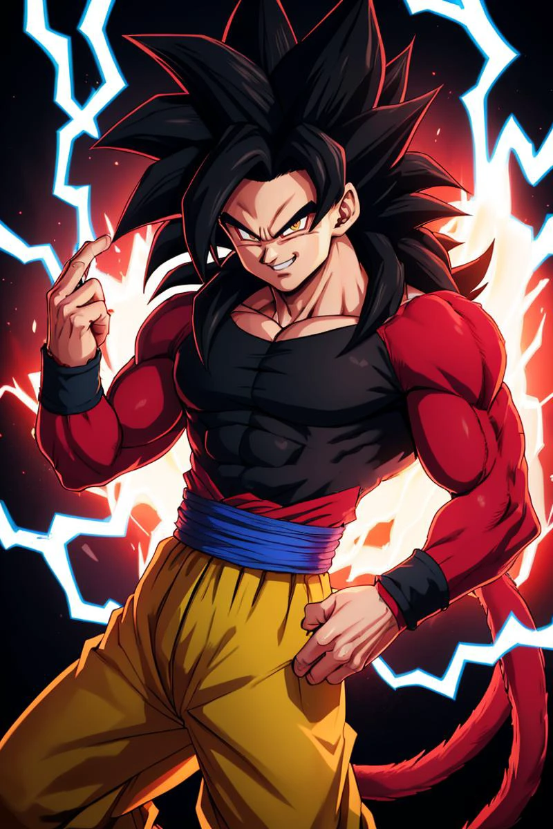 (black shirt:1), ((masterpiece,best quality)), absurdres, energy, aura, electricity, <lora:Super_Saiyan_4_Goku_Anime:0.5>, Super_Saiyan_4_Goku, 1boy, male focus, super saiyan, tail, wristband, pants, red fur, black hair, solo, smiling, looking at viewer, cowboy shot,