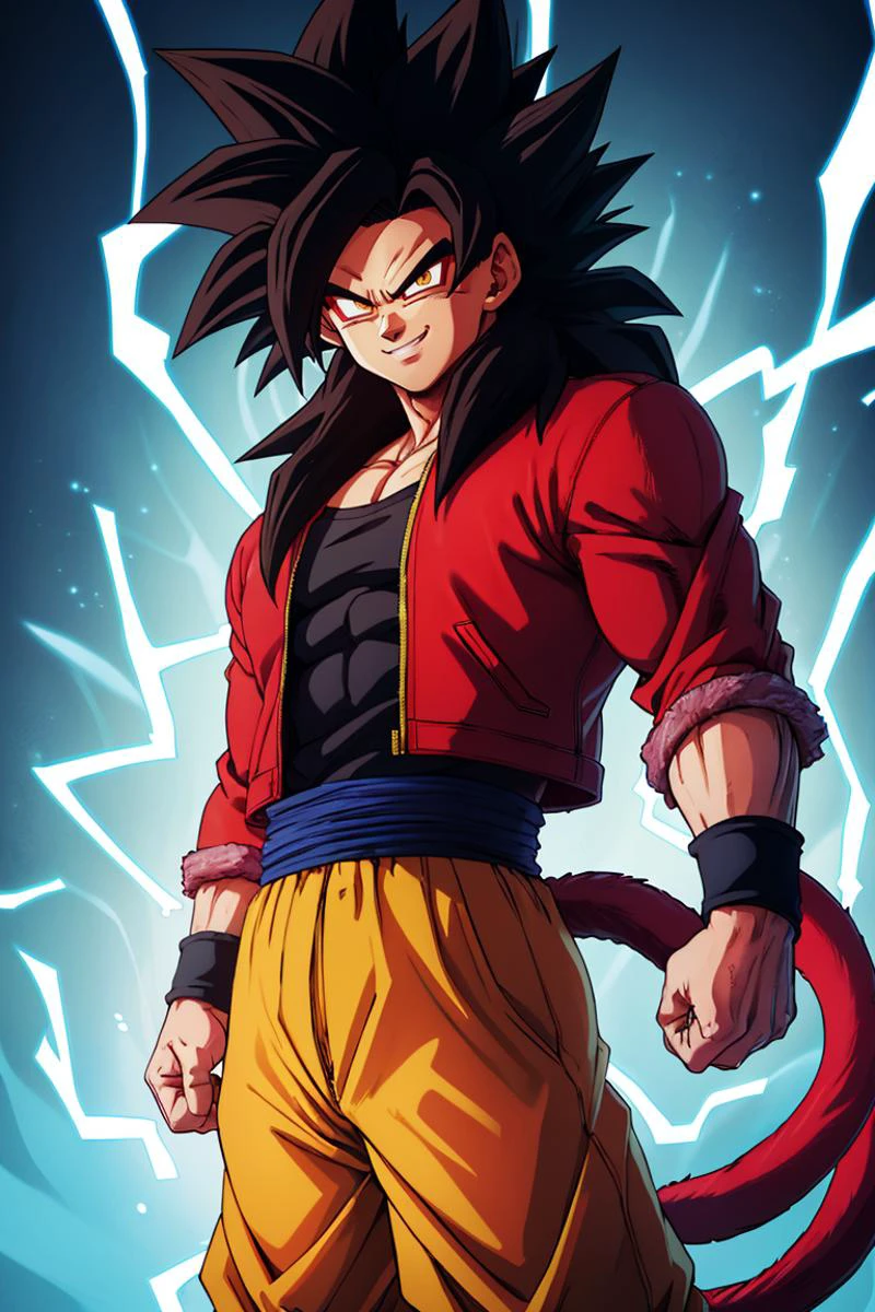 (red jacket:1), ((masterpiece,best quality)), absurdres, energy, aura, electricity, <lora:Super_Saiyan_4_Goku_Anime:0.5>, Super_Saiyan_4_Goku, 1boy, male focus, super saiyan, tail, wristband, pants, red fur, black hair, solo, smiling, looking at viewer, cowboy shot,