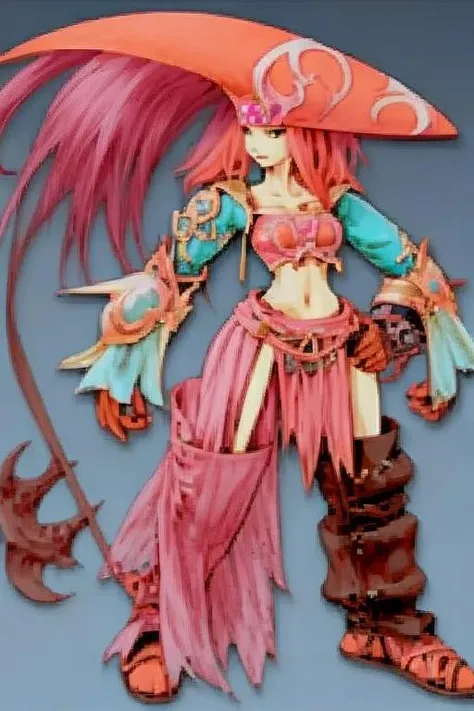 final fantasy character concept <lora:finfan:0.8> finfan, pink and orange pirate, high quality, crisp lines, fine detail,