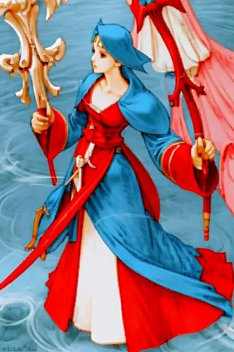 final fantasy character concept <lora:finfan:0.7> finfan, anime girl cleric in red and white robe, holding a shepherds staff, high quality, crisp lines, fine detail