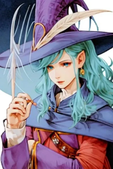 final fantasy character concept <lora:finfan:0.6> finfan, mage wearing pointy hat with brim and feather, high quality, crisp lines, fine detail,