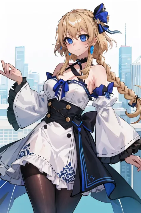 solo, close-up, cowboy shot, soft smile, light smile, facing viewer,
1girl, blue eyes, long blonde hair, french braid, bangs, medium breasts,
hair ribbon, frilled choker, criss-cross halter, sleeveless dress, high-waist skirt, backless dress, waist bow, detached sleeves, frilled sleeves, wide sleeves, pantyhose, patterned legwear, mary janes,
masterpiece, best quality, <lora:OsiimiStyleMS:1>, osiimi, v over eye,