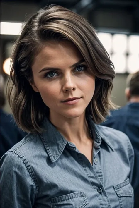 photo of K3r1Russ3ll_HM-135, a woman, perfect hair, (modern photo), wearing flannel shirt and jeans, 200mm short telephoto (analog, cinematic, film grain:1.3), Transhumanist Clinic, Clinic offering cybernetic implants, genetic modifications, and neural enhancements., detailed eyes, professional pose, (epiCPhoto), (looking at viewer:1.1), (cinematic shot:1.3), (soft style lighting), <lora:add_detail:0.5>