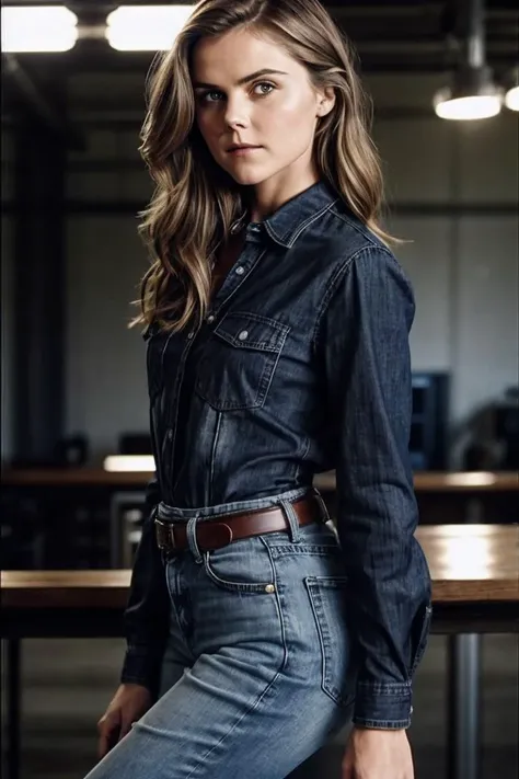 photo of K3r1Russ3ll_HM-135, a woman, perfect hair, (modern photo), wearing long sleeve button-up shirt and jeans, 50mm short telephoto (analog, cinematic, film grain:1.3), Energy Harvesting Facility, Complex harnessing energy from solar, wind, and advanced fusion reactors., detailed eyes, professional pose, (epiCPhoto), (looking at viewer:1.1), (cinematic shot:1.3), (Rembrandt style lighting), <lora:add_detail:0.5>