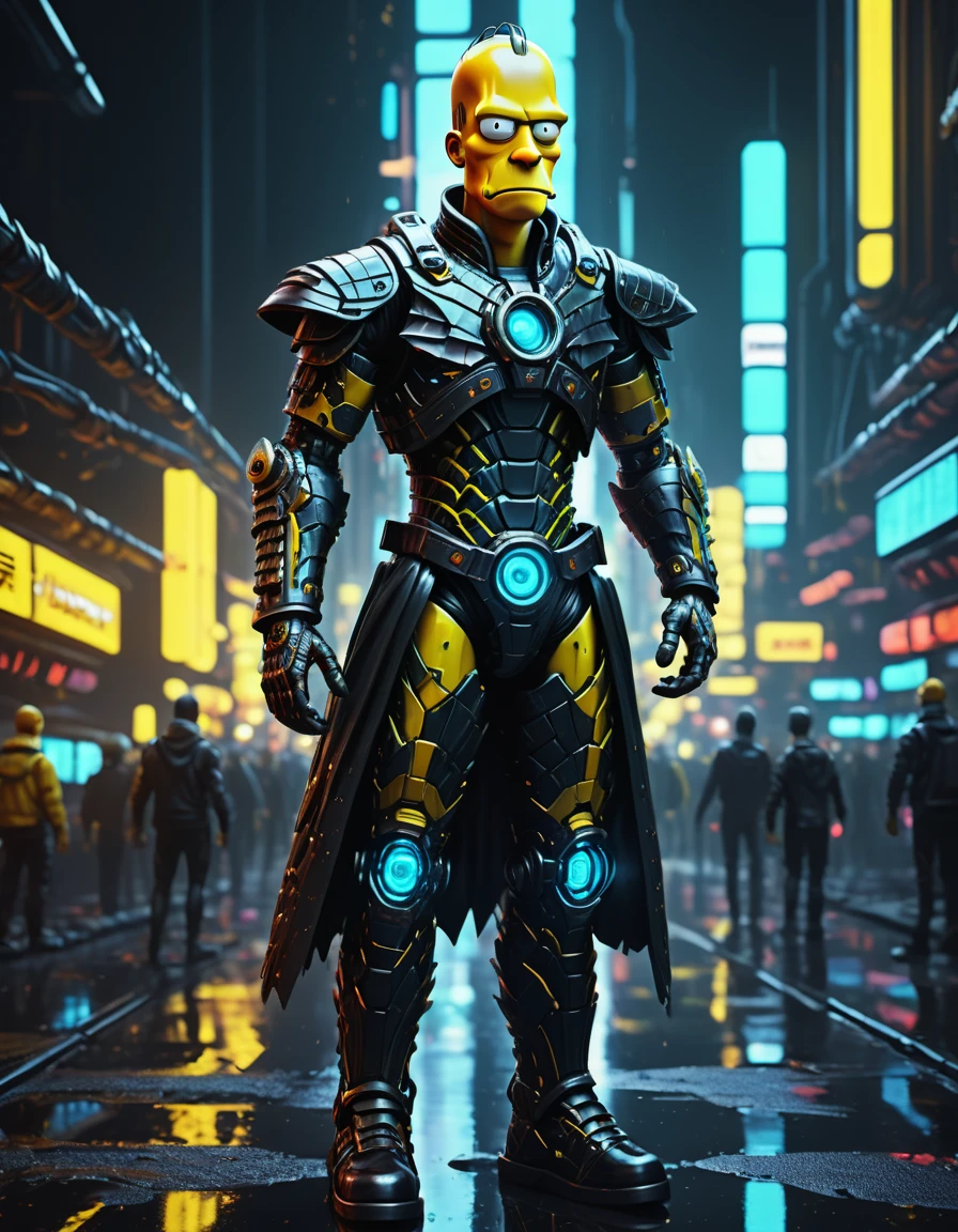 (masterpiece,Hyper detailed realistic Digitalart:1.3), fullbodyshot cybertech cyborg genetically modified,the responsibility is just to much to carry,(Homer Simpson:1.3),yellow, black clothing,cyberpunk, Coruscant, futuristic sci-fi tech city, neon lights, rain, traffic lights, rimlighet, backlight, octane render, masterpiece, <lora:Fae_Armor_XL-000008:0.8> F41Arm0rXL