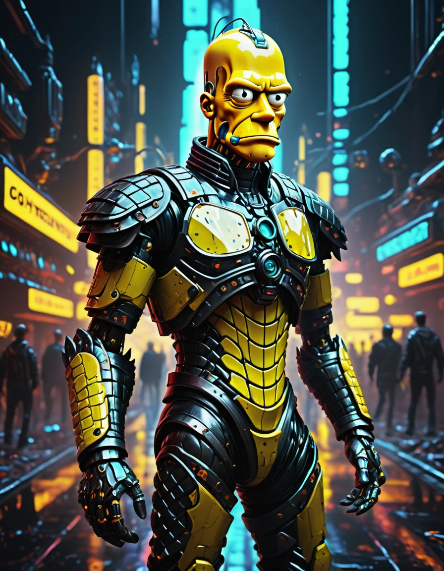 (masterpiece,Hyper detailed realistic Digitalart:1.3), fullbodyshot cybertech cyborg genetically modified,the responsibility is just to much to carry,(Homer Simpson:1.3),yellow, black clothing,cyberpunk, Coruscant, futuristic sci-fi tech city, neon lights, rain, traffic lights, rimlighet, backlight, octane render, masterpiece, <lora:Fae_Armor_XL-000008:0.8> F41Arm0rXL