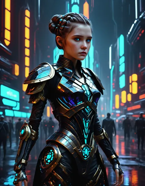 (masterpiece,Hyper detailed realistic Digitalart:1.3), fullbodyshot cybertech cyborg genetically modified,the responsibility is just to much to carry,princess Leia, light saber, black clothing,cyberpunk, Coruscant, futuristic sci-fi tech city, neon lights, rain, traffic lights, rimlighet, backlight, octane render, masterpiece,   <lora:Fae_Armor_XL-000008:0.8> F41Arm0rXL