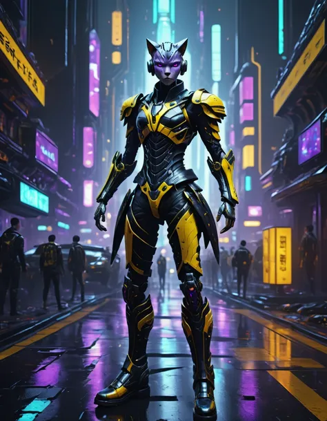 (masterpiece,Hyper detailed realistic Digitalart:1.3), fullbodyshot cybertech cyborg genetically modified,the responsibility is just to much to carry,(puss in boots:1.3),yellow,purple,(boots:1.4), black clothing,cyberpunk, Coruscant, futuristic sci-fi tech city, neon lights, rain, traffic lights, rimlighet, backlight, octane render, masterpiece, <lora:Fae_Armor_XL-000008:0.8> F41Arm0rXL