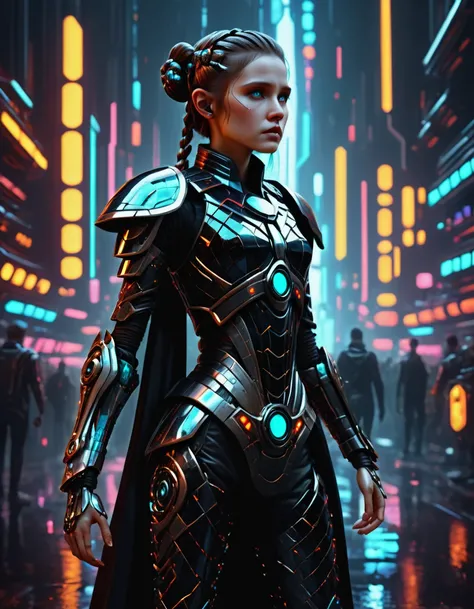 (masterpiece,Hyper detailed realistic Digitalart:1.3), fullbodyshot cybertech cyborg genetically modified,the responsibility is just to much to carry,princess Leia, light saber, black clothing,cyberpunk, Coruscant, futuristic sci-fi tech city, neon lights, rain, traffic lights, rimlighet, backlight, octane render, masterpiece, <lora:Fae_Armor_XL-000008:0.8> F41Arm0rXL