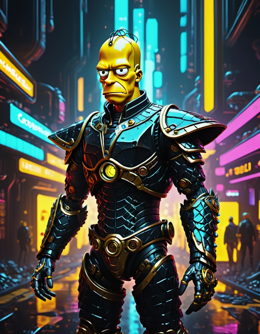 (masterpiece,Hyper detailed realistic Digitalart:1.3), fullbodyshot cybertech cyborg genetically modified,the responsibility is just to much to carry,(Homer Simpson:1.3),yellow, black clothing,cyberpunk, Coruscant, futuristic sci-fi tech city, neon lights, rain, traffic lights, rimlighet, backlight, octane render, masterpiece, <lora:Fae_Armor_XL-000008:0.8> F41Arm0rXL