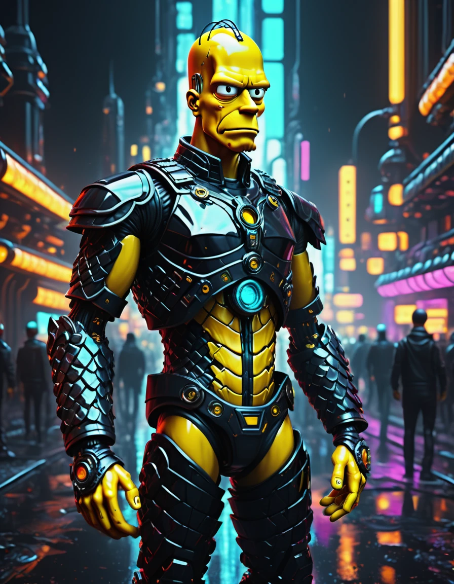 (masterpiece,Hyper detailed realistic Digitalart:1.3), fullbodyshot cybertech cyborg genetically modified,the responsibility is just to much to carry,(Homer Simpson:1.3),yellow, black clothing,cyberpunk, Coruscant, futuristic sci-fi tech city, neon lights, rain, traffic lights, rimlighet, backlight, octane render, masterpiece, <lora:Fae_Armor_XL-000008:0.8> F41Arm0rXL