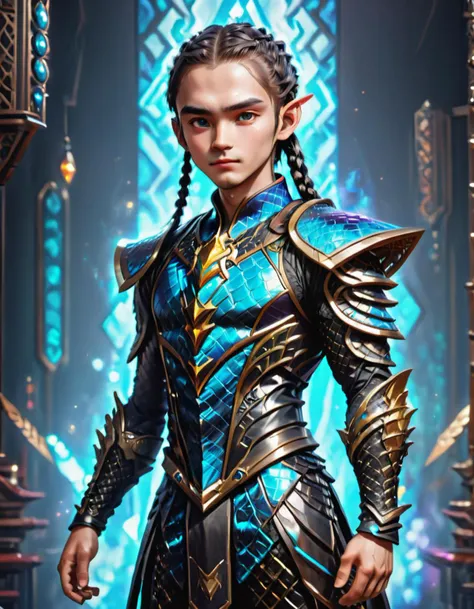 ( fullbody shot:3.0) maLe Youth Curvy, Pacific Islander, Chestnut eyes, Asymmetrical Ears, Curved Nose, Wide Chin, Pointed Jaw, High cheekbones, Silver Cornrows hair, Joy, wearing F41Arm0rXL <lora:Fae_Armor_XL:1>