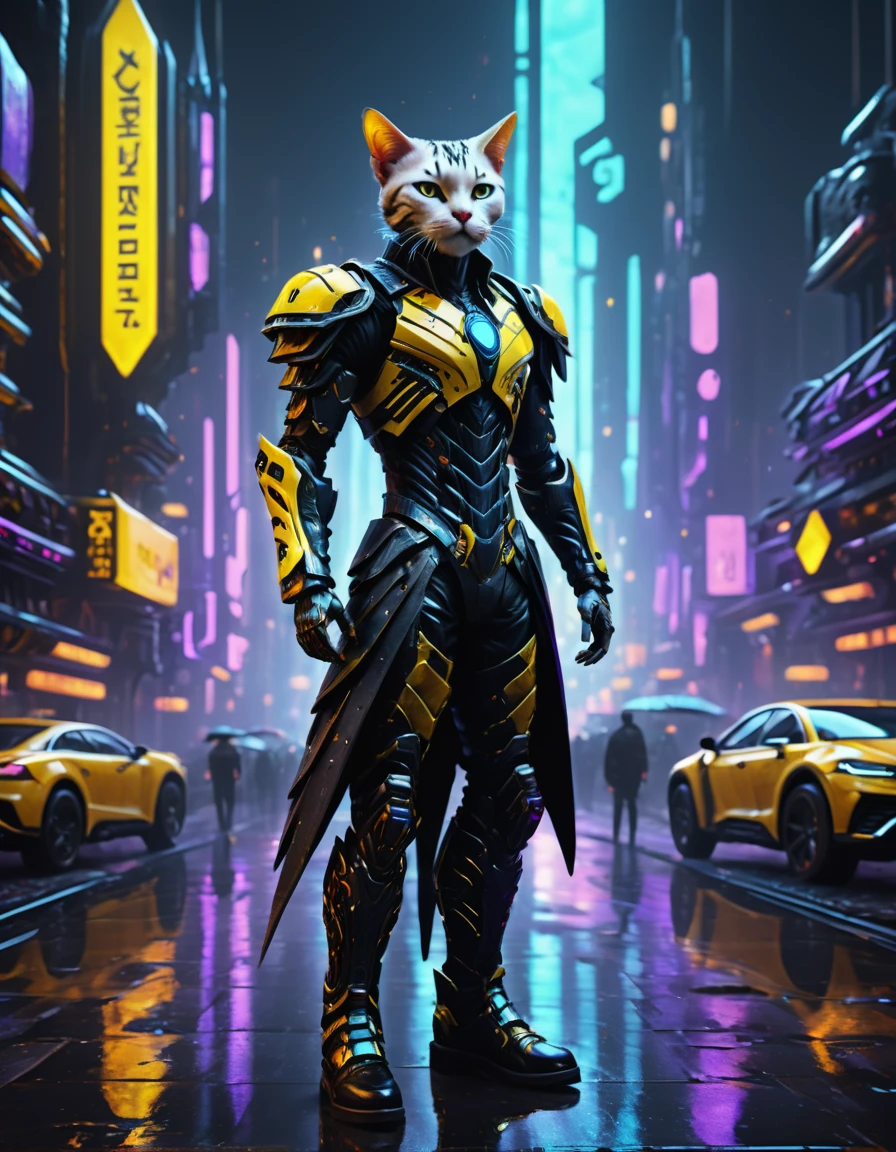 (masterpiece,Hyper detailed realistic Digitalart:1.3), fullbodyshot cybertech cyborg genetically modified,the responsibility is just to much to carry,(puss in boots:1.3),yellow,purple,(boots:1.4), black clothing,cyberpunk, Coruscant, futuristic sci-fi tech city, neon lights, rain, traffic lights, rimlighet, backlight, octane render, masterpiece, <lora:Fae_Armor_XL-000008:0.8> F41Arm0rXL