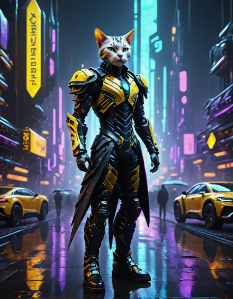 (masterpiece,Hyper detailed realistic Digitalart:1.3), fullbodyshot cybertech cyborg genetically modified,the responsibility is just to much to carry,(puss in boots:1.3),yellow,purple,(boots:1.4), black clothing,cyberpunk, Coruscant, futuristic sci-fi tech city, neon lights, rain, traffic lights, rimlighet, backlight, octane render, masterpiece,   <lora:Fae_Armor_XL-000008:0.8> F41Arm0rXL