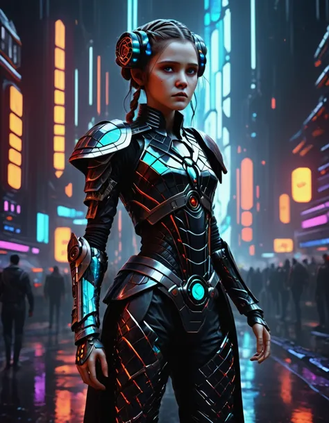 (masterpiece,Hyper detailed realistic Digitalart:1.3), fullbodyshot cybertech cyborg genetically modified,the responsibility is just to much to carry,princess Leia, light saber, black clothing,cyberpunk, Coruscant, futuristic sci-fi tech city, neon lights, rain, traffic lights, rimlighet, backlight, octane render, masterpiece, <lora:Fae_Armor_XL-000008:0.8> F41Arm0rXL